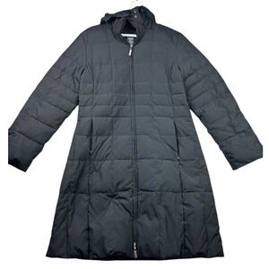 George Down Puffer Parka Jacket M Black Hooded Quilted Mid Length Winter Coat